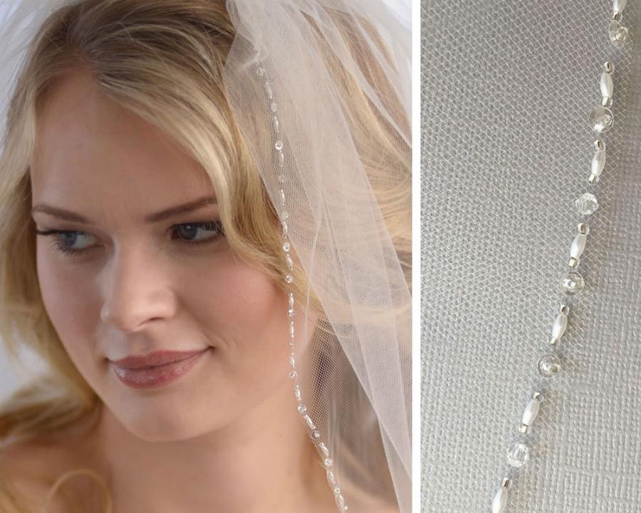 Mariage - Beaded Bridal Veil, Crystal Wedding Veil, 1 Layer Veil, White Veil, Ivory Veil, Elbow Length Veil, Fingertip Length Veil ~VB-5032