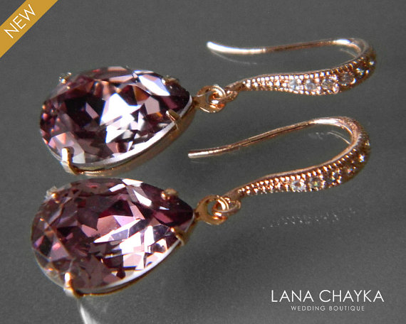 زفاف - Antique Pink Rose Gold Crystal Earrings Swarovski Rhinestone Earrings Wedding Purple Rose Gold Earrings Bridesmaids Earrings Wedding Jewelry