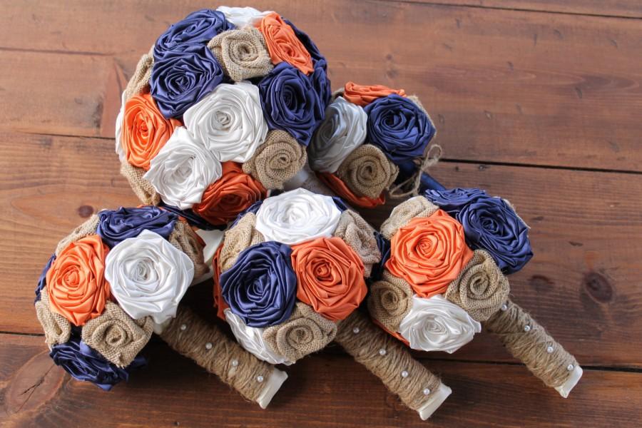 Mariage - Navy Blue & Pumpkin Burlap Wedding Bouquet Set, Navy Blue and Orange Wedding Flowers, Fall Wedding Bouquets, Rustic Wedding Bouquets