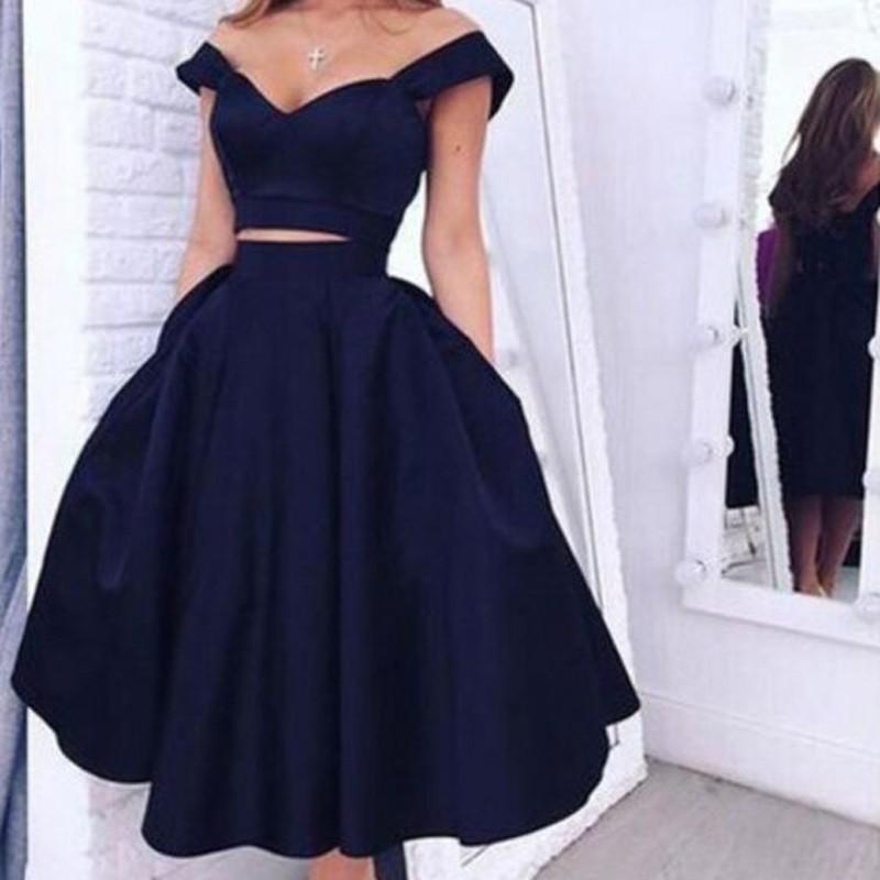 Mariage - Elegant Off-the-shoulder Two-piece Tea-Length Navy Homecoming Dress