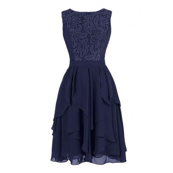 Wedding - Exquisite A-line Knee Length Chiffon Navy Short Bridesmaid Dress with Lace