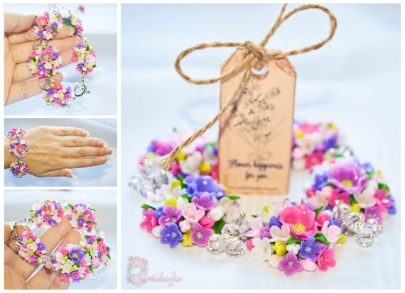 زفاف - Pink bracelet, purple bracelet, pink white purple, polymer clay bracelet, flower bracelet, flowers, clay flowers, lilac bracelet,