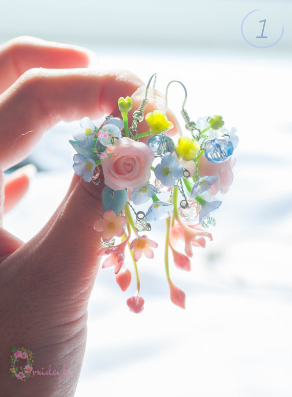 زفاف - Rose earrings, flower earrings, pink blue yellow earrings, polymer clay roses, flower jewelry, floral earrings, handmade, earrings for bride