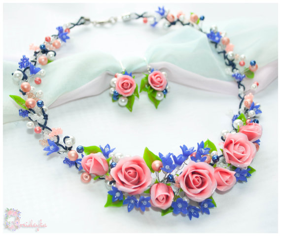 زفاف - rose jewelry set, pink blue rose necklace, rose earrings, flower jewelry polymer clay, clay flower necklace, polymer clay earrings