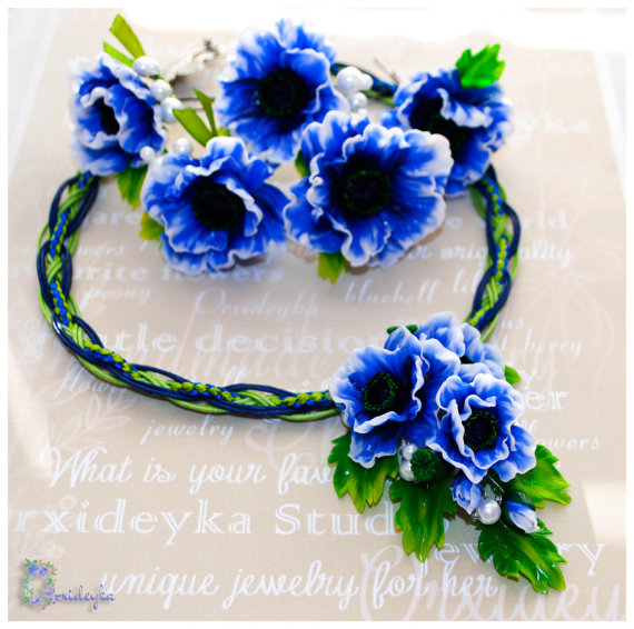 Wedding - Blue flower jewelry, blue poppy, poppy hair pins, blue poppy hair accessory, blue poppy necklace, blue flower necklace, polymer clay poppy