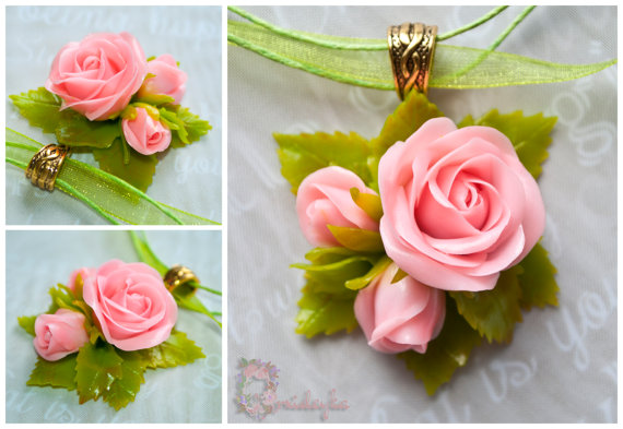 زفاف - Rose pendant, rose flower pendant, pink rose, green leaf, polymer clay flower, rose polymer clay, polymer clay rose pendant, floral jewelry