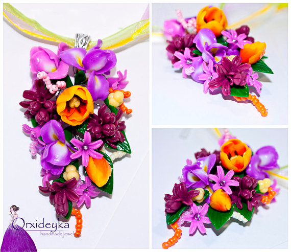 Свадьба - Tulip polymer clay Orange light pink spring gift iris lilac purple green cloudberry women girl handmade jewelry flower necklace pendant wine