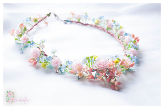 زفاف - Rose necklace, flower necklace, polymer clay necklace, light pink roses, blue forget me not, yellow flower, polymer clay, flower, handmade