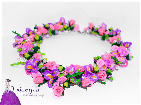زفاف - Flower necklace, iris necklace polymer clay rose, bright pink rose pink necklace purple necklace purple and lilac iris polymer clay necklace