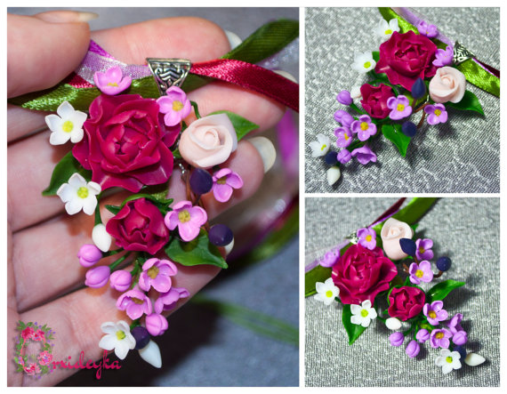 Свадьба - Purple pendant, flower pendant, purple floral pendant, rose pendant, polymer clay pendant, peony pendant, white rose, lilac polymer clay