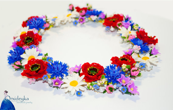 زفاف - Poppy necklace, flower necklace, cornflower necklace, daisy necklace, polymer clay necklace, polymer clay flowers, red poppy, flower jewelry