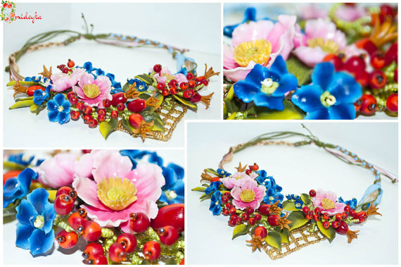 زفاف - Pink flowers, blue flower, necklace with dogrose, red pink blue necklace, flower necklace, statement necklace, floral, handmade jewelry