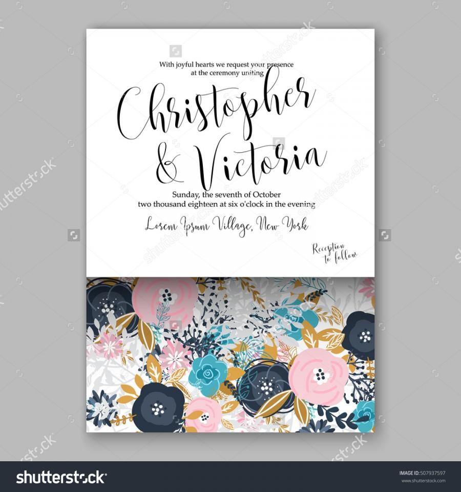 زفاف - Wedding invitation printable template with floral wreath or bouquet of rose, peony flowers and daisy