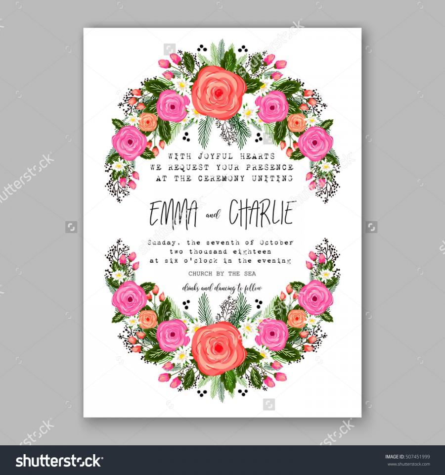 Wedding - Wedding invitation printable template with floral wreath or bouquet of rose flower and daisy Romantic pink peony bouquet bride wedding invitation template design. Bridal shower invitation card