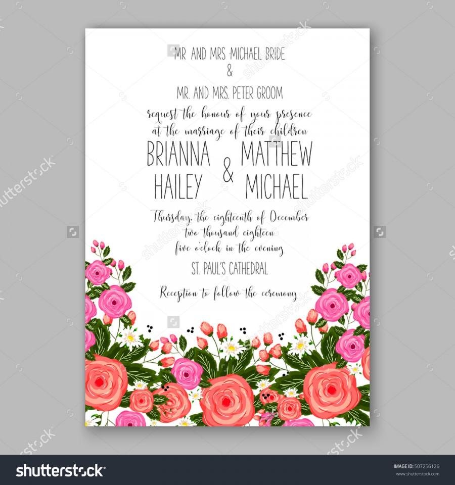 Wedding - Wedding invitation printable template with floral wreath or bouquet of rose flower and daisy Romantic pink peony bouquet bride wedding invitation template design. Bridal shower invitation card