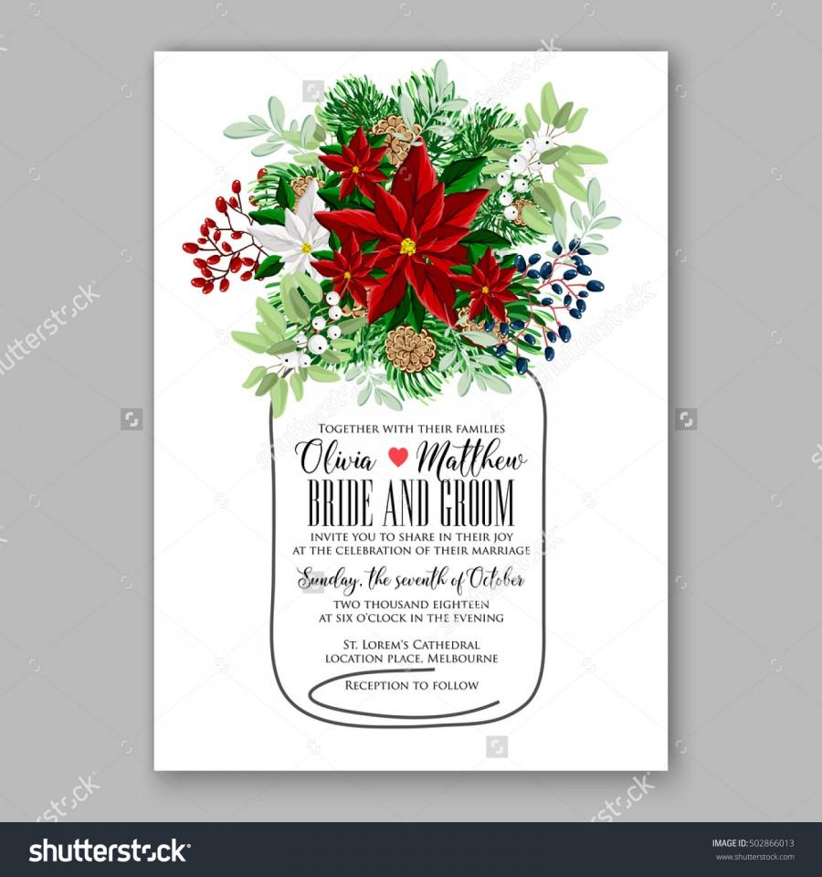 زفاف - Poinsettia Wedding Invitation sample card beautiful winter floral ornament Christmas Party wreath poinsettia, pine branch fir tree, needle, mason jar bouquet Bridal shower ribbon template wording