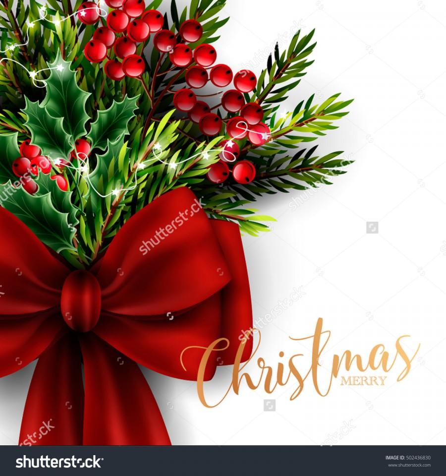 Свадьба - Christmas invitation card with winter bouquet of fir and holly branches big red bow and gold lettering