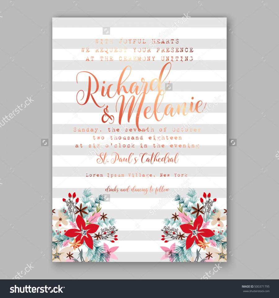 زفاف - Wedding invitation card template with winter bridal bouquet Poinsettia Christmas Party invitation wreath poinsettia, pine branch fir tree, needle, flower bouquet Bridal shower invitation