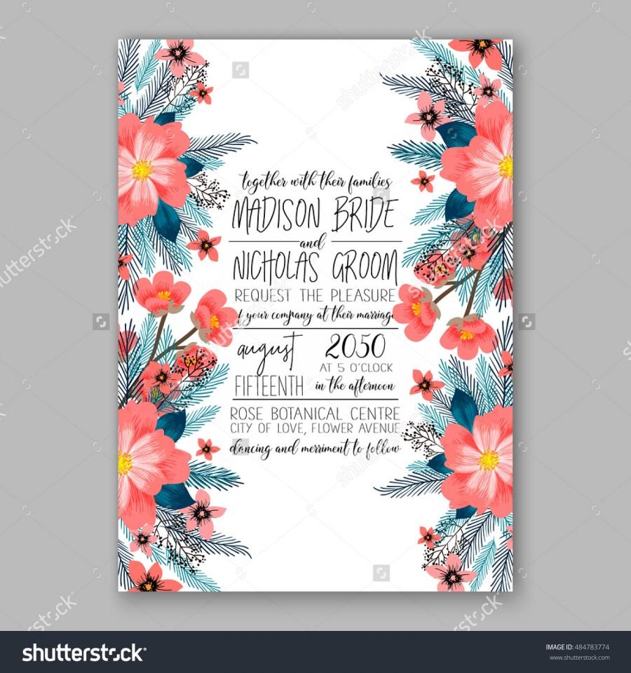 Hochzeit - Romantic pink peony bouquet bride wedding invitation template design. Winter Christmas wreath of pink flowers and pine and fir branches