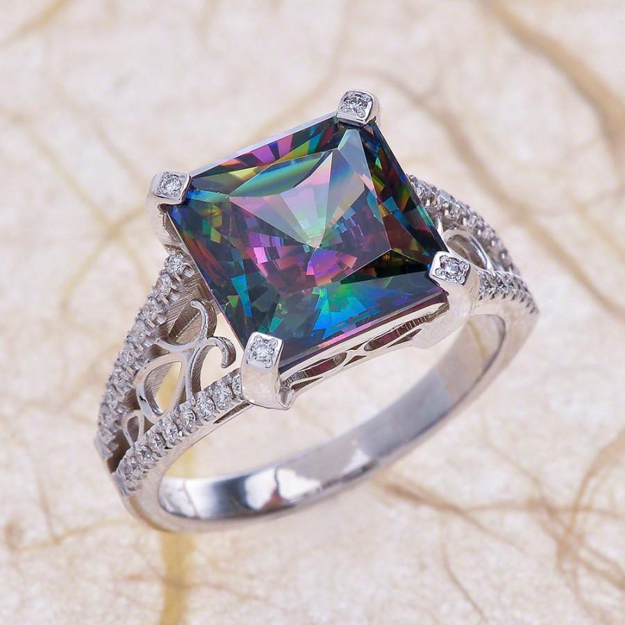 Mariage - Mystic Topaz Engagement Ring in 14k White Gold 8x8mm Natural Cushion Mystic Topaz Engagement Ring
