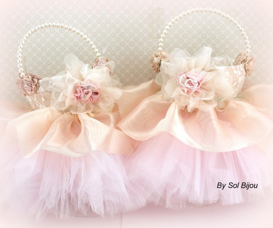 Hochzeit - Flower Girl Basket, Gold, Champagne, Tan, Beige, Ivory, Pink, Elegant Wedding, Tutu Basket, Pearl Handle, Tulle, Lace, Vintage Style