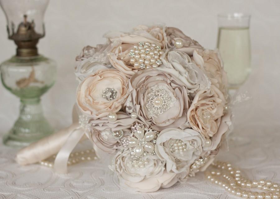 Hochzeit - Vintage Inspired Fabric Flower Bouquet, Lace Bridal Bouquet, Ivory, Cream and Champagne Brooch Wedding Bouquet