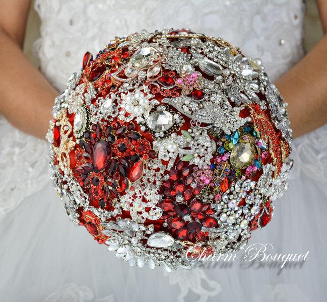Mariage - Red wedding bouquet, Red bouquet, Bridal bouquet, Gold brooch bouquet, Wedding bouquet, Brooch bouquet, Bridesmaid bouquet, Crystal bouquet
