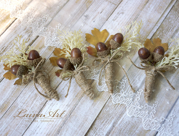 Свадьба - Fall Wedding Boutonnieres Groom Boutonnieres Oak Cones Leaf Boutonnieres Groomsmen Boutonnieres