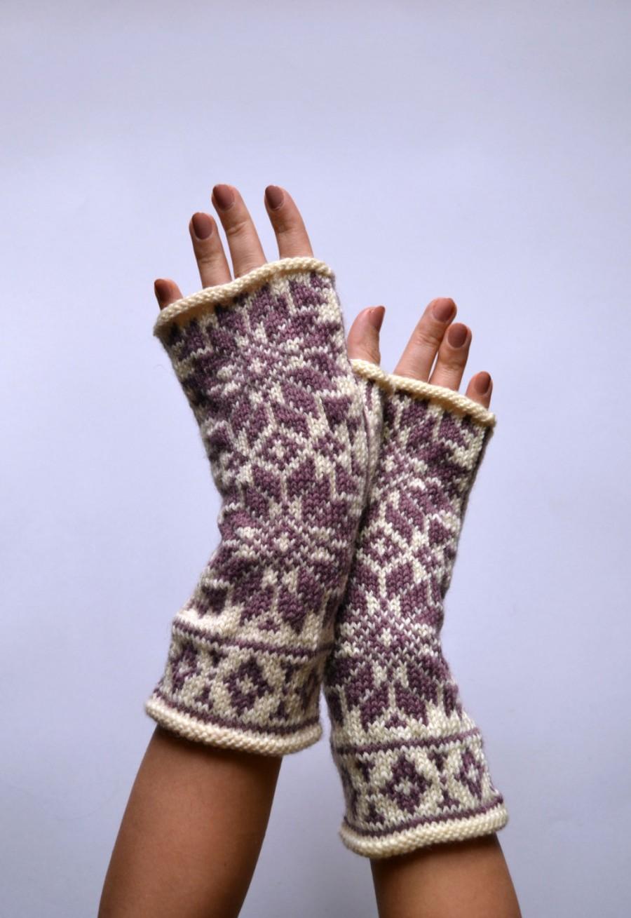 Mariage - Nordic Fingerless Gloves - White and Rose Fingerless Gloves - Scandinavian Gloves with Stars - Knit Fingerless - Christmas Gift nO 122.