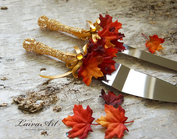 زفاف - Fall Wedding Cake Server Set & Knife Gold Fall Leaves Thanksgiving Wedding Cake Cutter Cake Cutting Set