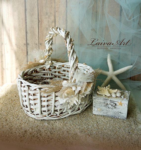Mariage - Beach Wedding Flower Girl Basket Beach Wedding Shells and Starfish Wedding Shells Seashell Beach Wedding Basket