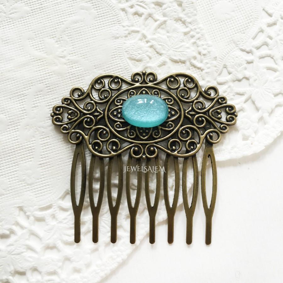 Mariage - Turquoise Hair Comb Blue Vintage Inspired Hair Comb Aqua Hair Slide Bridesmaid Gift Victorian Rustic Bridal Woodland Headpiece for Bride