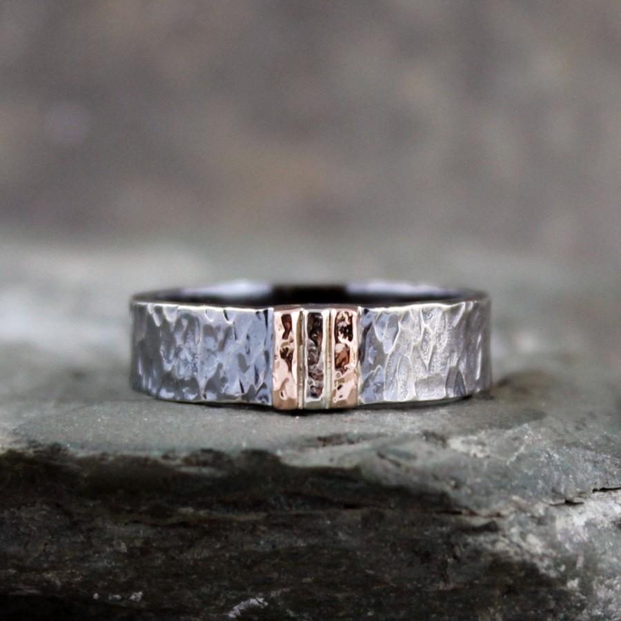 Wedding - Men's Wedding Band - Black Sterling Silver & 14K Rose and White Gold - Rustic Wedding Bands - Hammered Bands - Made in Canada - Mixed Metals