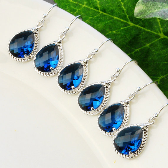 Hochzeit - Blue Bridesmaid Earrings SET OF 6 - Silver Navy Earrings - Sapphire Blue Glass Earrings - Bridesmaid Jewelry - Wedding Jewelry