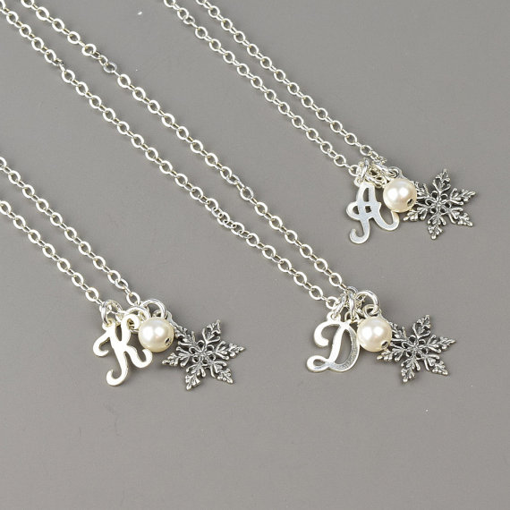 زفاف - Silver Snowflake Bridesmaid Necklace SET OF 3 - 5% OFF Pearl Initial Necklace - Your Choice Swarovski Pearl Color -