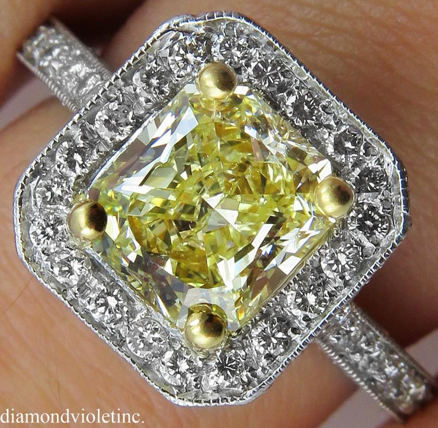 زفاف - GIA 2.65ct Estate Vintage Fancy Light Yellow Radiant Diamond Engagement Wedding Platinum Ring