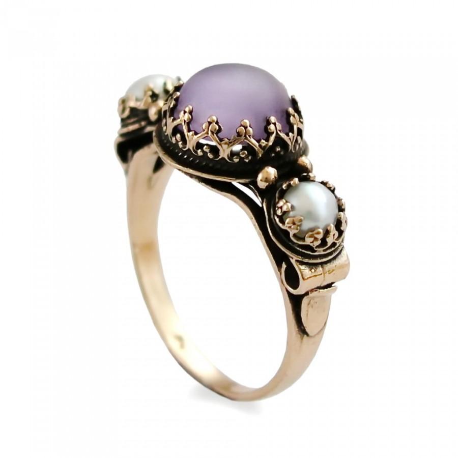 زفاف - Purple Gold Victorian ring, Handmade gold ring, Matte Purple and Pearls Engagement ring, 14K Rose Gold, large gemstone ring, Multistone ring