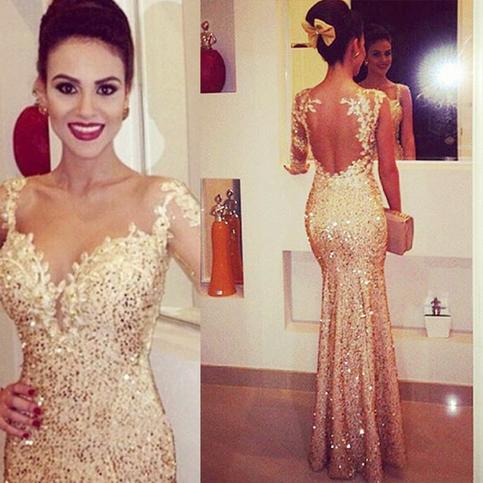 Wedding - Mermaid Sweetheart Long Sleeves Gold Backless Evening/Prom Dress With Appliques from Tidetell
