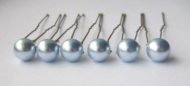 Wedding - Light Blue Hair Pins, Wedding Hair Pins, Pearl Bobby Pins, Swarovski Hair Pins, Single Pearl Hair Pins - Set of 6 Hair Pins 8mm