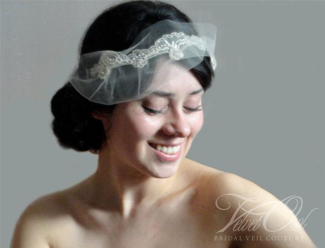 Hochzeit - Mini tulle veil, bridal lace headpiece, bridal veil set, tulle birdcage veil, detachable veil, Champagne bridal veil, Champagne headpiece,