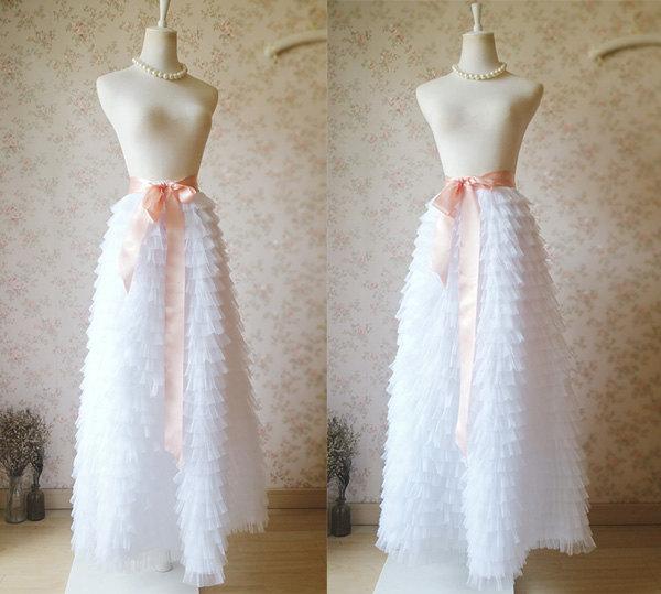 Hochzeit - Women White Skirt Tulle Maxi Skirt Adult Tulle Skirt in White Full Length White Wedding Skirt. With sash Plus Size Tutu Skirt (WT18)