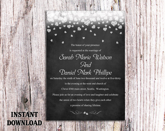 زفاف - DIY Wedding Invitation Template Editable Word File Instant Download Printable Chalkboard Wedding Invitation Black & White Heart Invitation