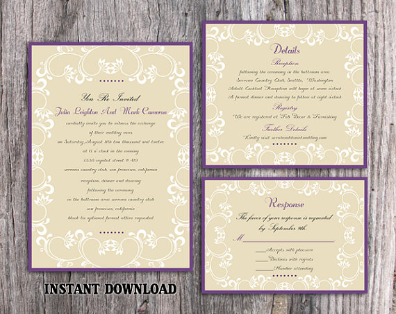 زفاف - DIY Wedding Invitation Template Set Editable Word File Download Printable Invitation Elegant White Invitations Eggplant Purple Invitation