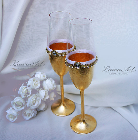 Wedding - Gold Wedding Champagne Flutes Wedding Champagne Glasses Toasting Flutes Gold and White Wedding