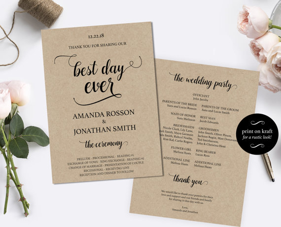 Hochzeit - Printable Wedding Program Template - DIY Wedding Program - Cheap wedding program template - Downloadable Wedding 