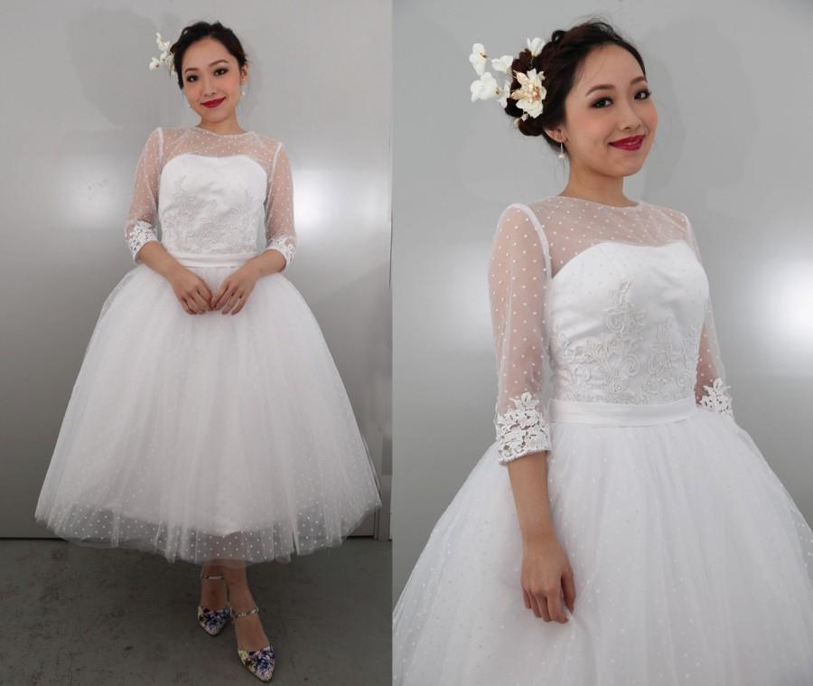 Свадьба - 50shouse_ retro feel polka dots tulle with lace 3/4 lace sleeves tea wedding dress_ custom make