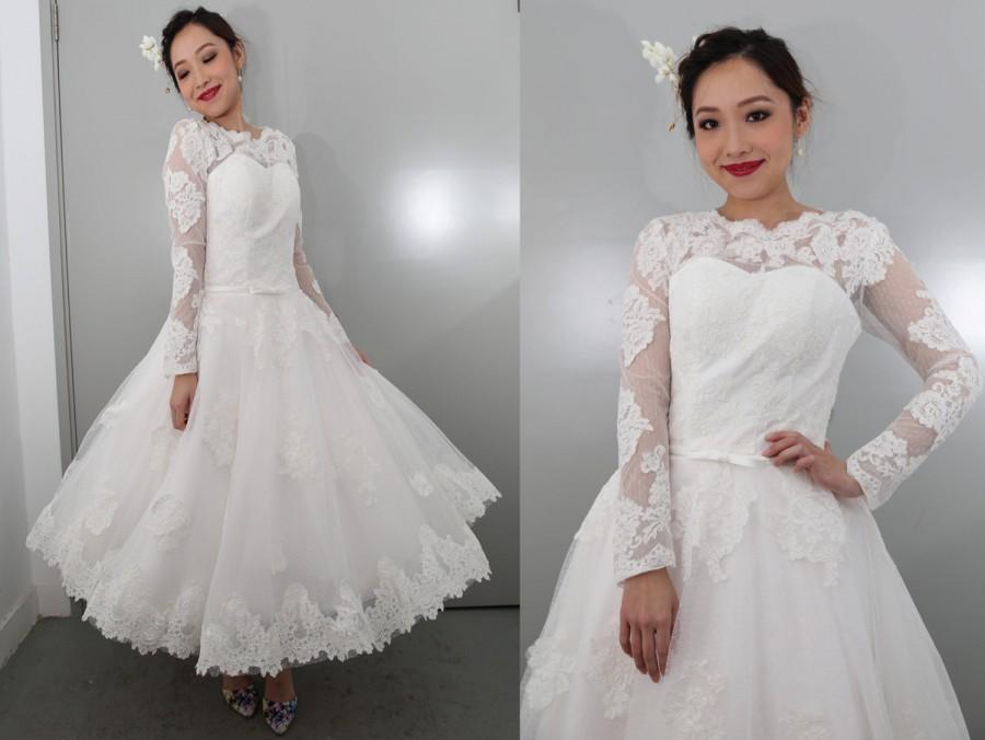 Mariage - 50shouse_ retro feel long lace sleeves and lace tulle tea wedding dress with illusion neckline_ custom make
