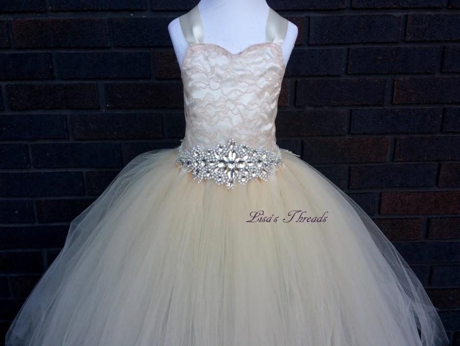 Свадьба - Champagne lace corset & rhinestones belt flower girl dress/ Junior bridesmaids dress/ Wedding flower girl