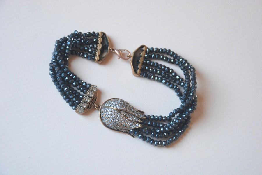 زفاف - Blue Spinal Jewelry Labrodorite  Gemstone  Tulip Bracelet  Swarovski  Crystal Sterling Silver Bracelet