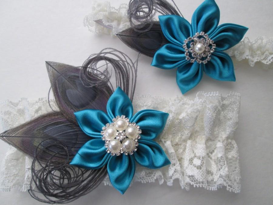 زفاف - Teal & Gray Wedding Garter Set, Peacock Garter, Turquoise- Silver Garter, Ivory Lace Bridal Garters, Something Blue, Rustic- Country Bride